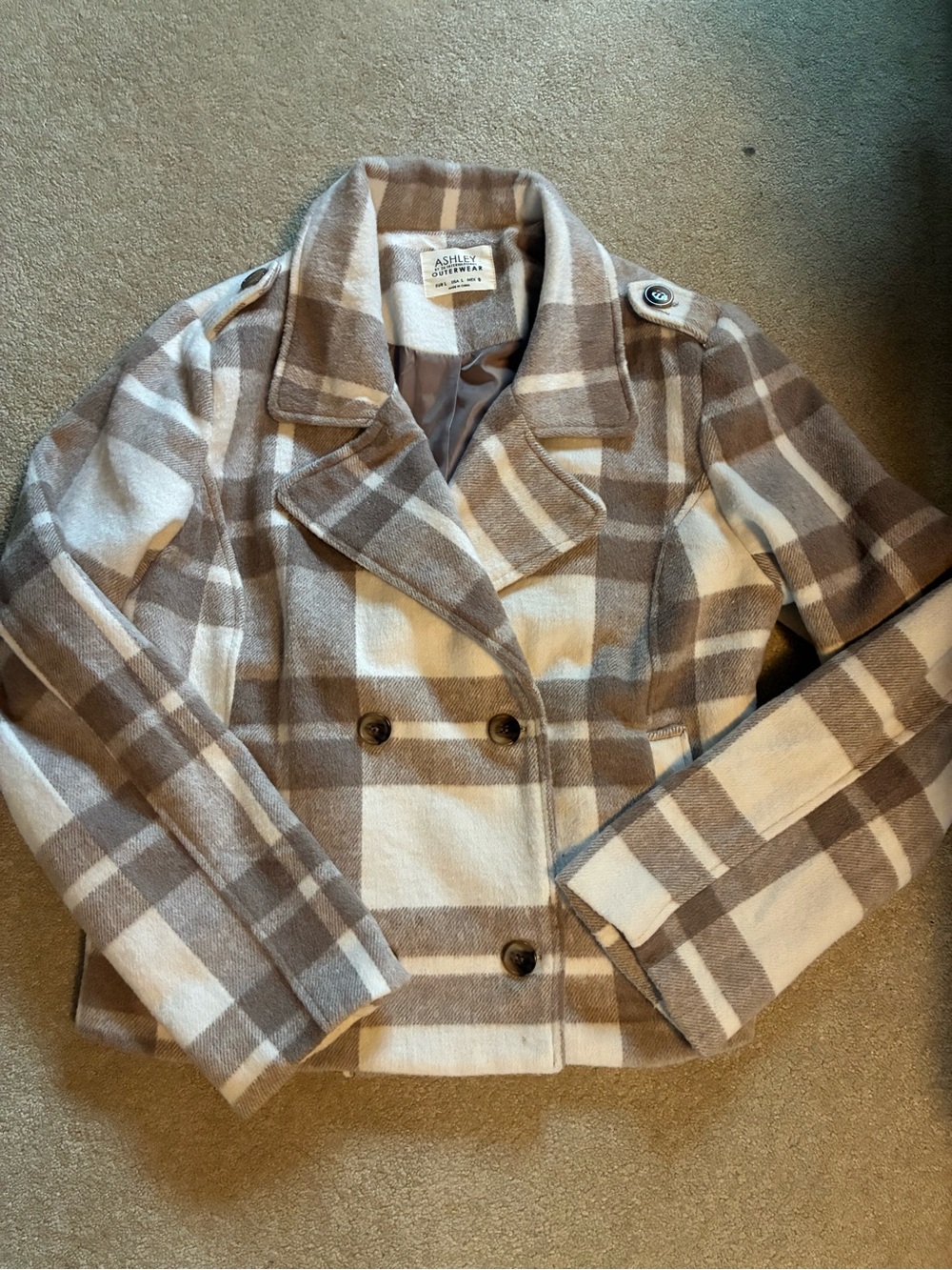 Ashley By 26 International Beige and White Plaid Peacoat